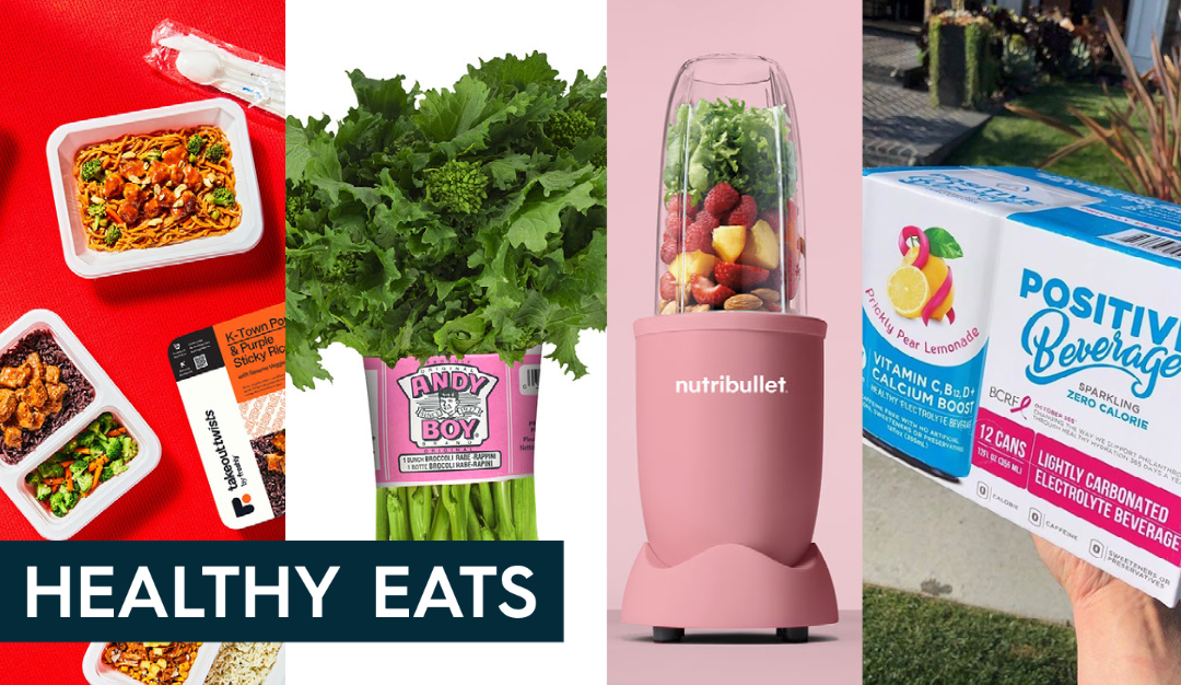 four images in a row of Freshly meals, a bunch of Andy Boy broccoli rabe, a soft pink nutribullet, and positive beverage