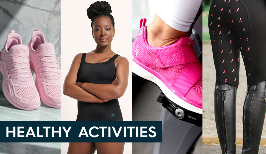 a collage of bcrf partners including APL sneakers, Land's End mastectomy bathing suit, TIEM cycling shoes, and SmartPac breeches